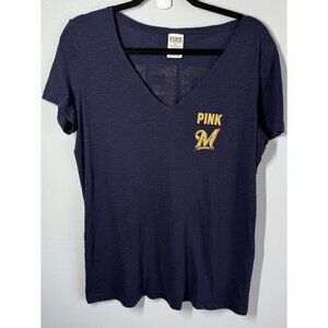 Milwaukee Brewers Womens PINK by VS Navy Blue Boyfriend T-Shirt Medium V-Neck